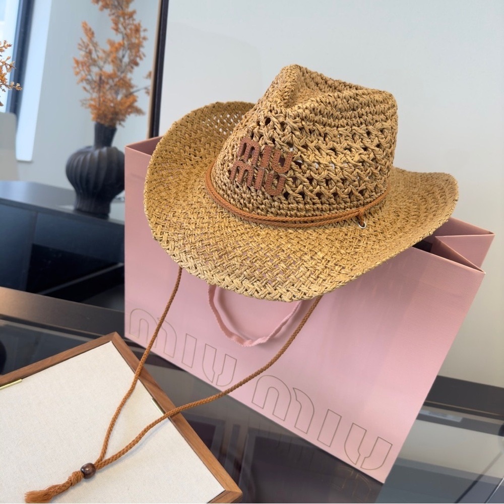 Miu Miu Raffia Straw Cowboy Hat w/ Logo - Picture 7 of 8